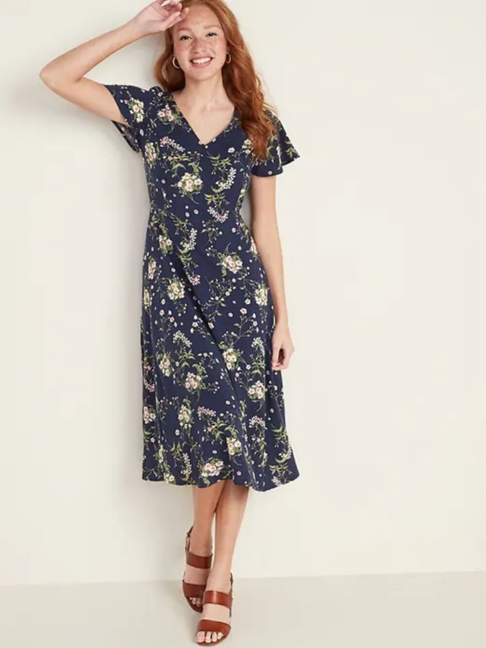 NWT Navy Floral Midi Dress – Smocked Back, Flutter Sleeves, V-Neck